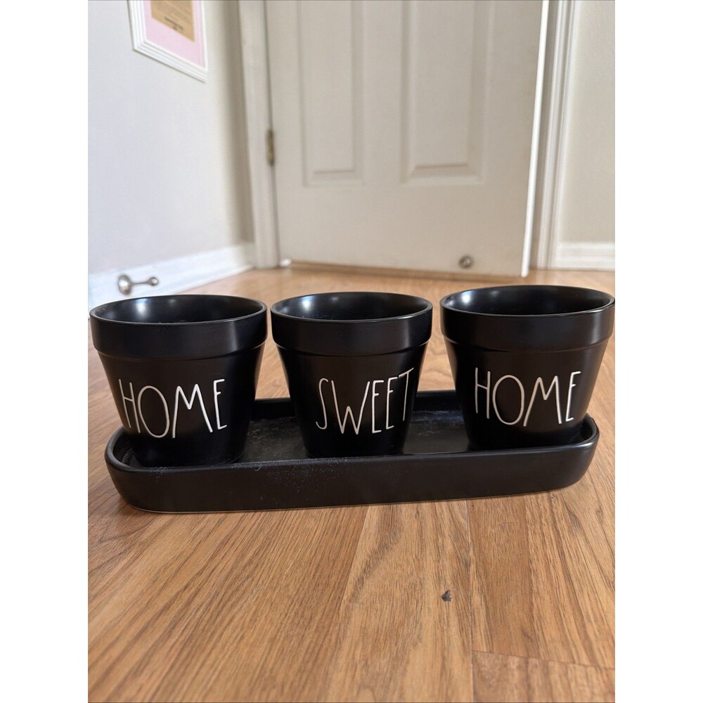 Rae Dunn Black "Home Sweet Home" Planter Set with Tray